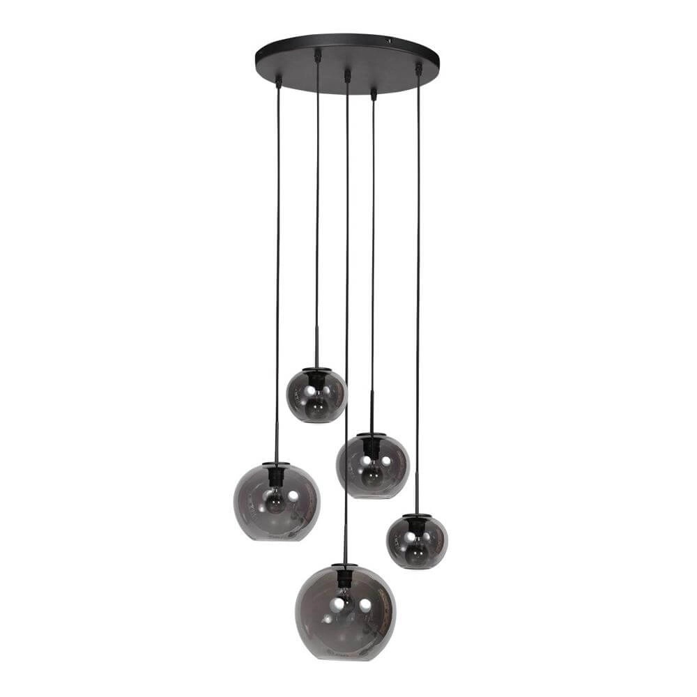 5-flammige Pendelleuchte HaloSwap Rundes Schwarz- und Rauchglas