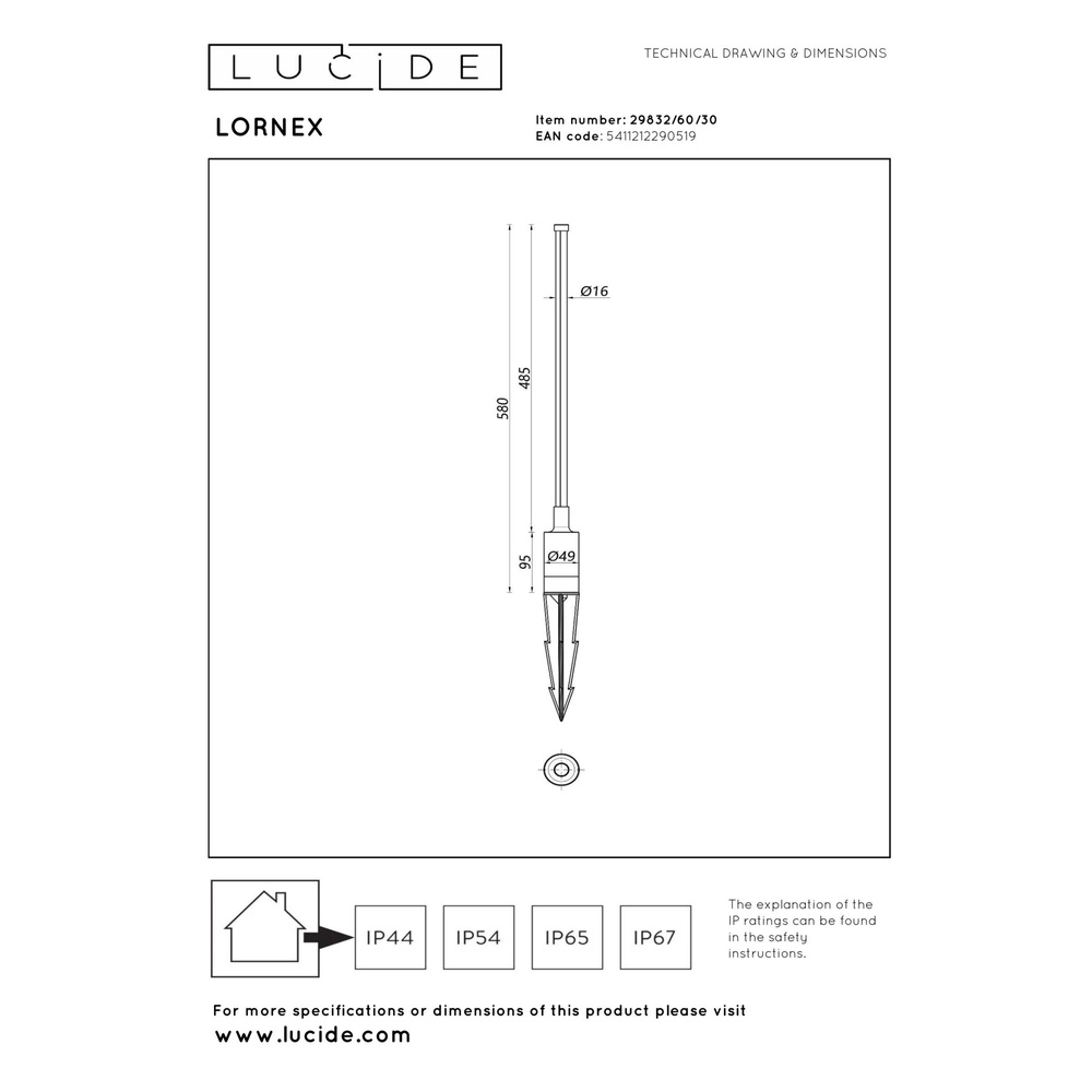 Elegante Gartenlampe Lornex IP54 schwarz 58 cm Lucide 5411212290519