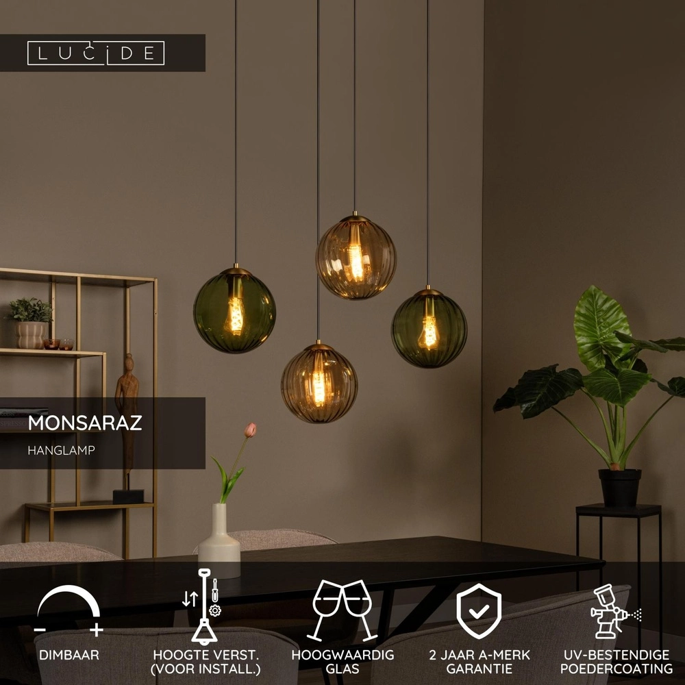 4-Licht Pendellampe Monsaraz Grünes und bernsteinfarbenes Glas Lucide 5411212452429