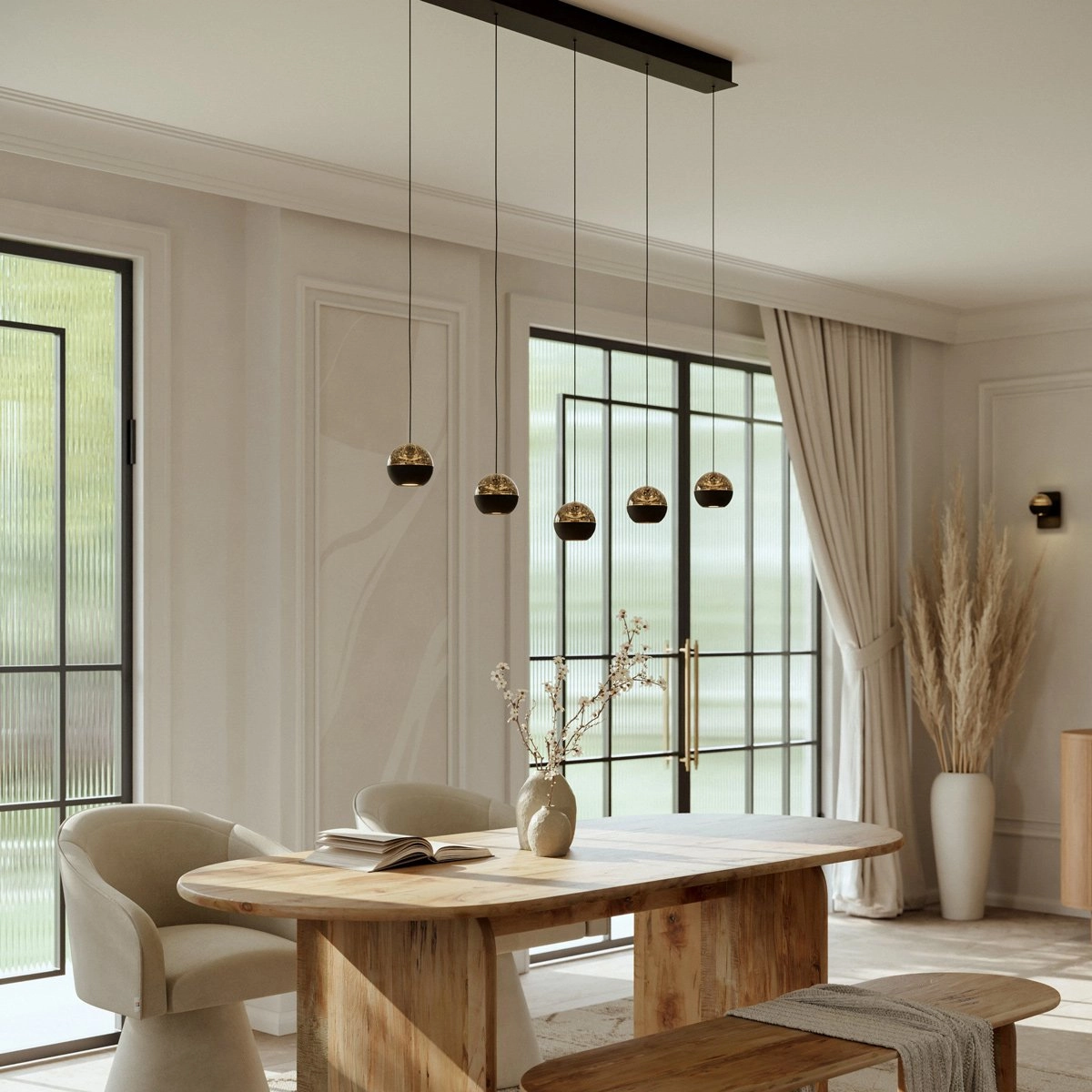 5-Licht Esstisch-Pendellampe Belluno LED – Schwarz mit Glas Steinhauer 8712746183900