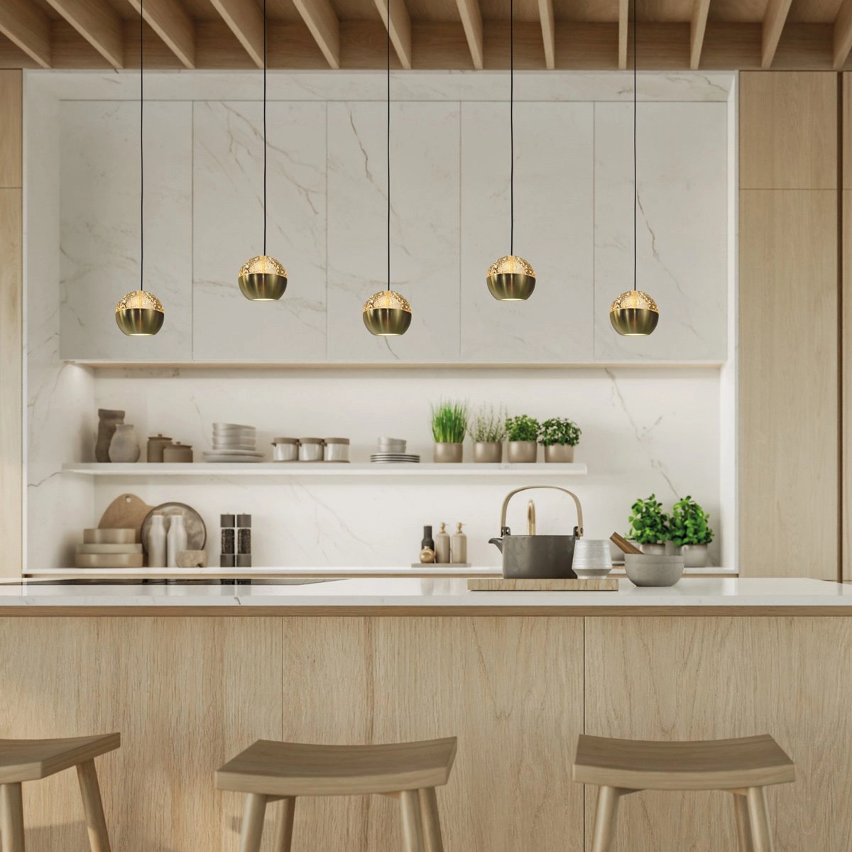 5-Licht Esstisch-Pendellampe Belluno LED – Messinggold mit Glas Steinhauer 8712746183894