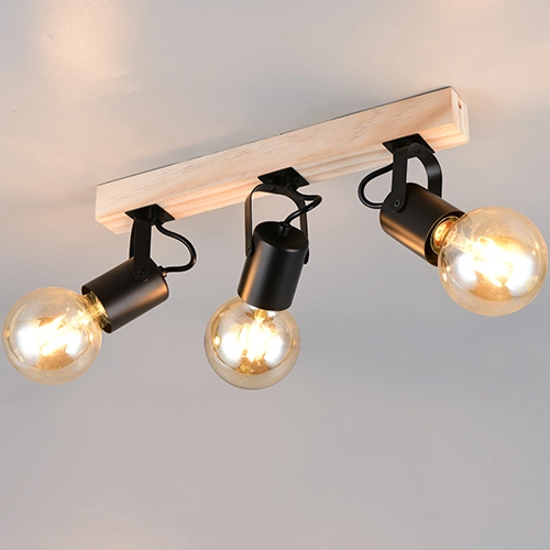 Deckenlampe 3-Leuchten Lynar Schwarz mit Holz Trio 4017807671995
