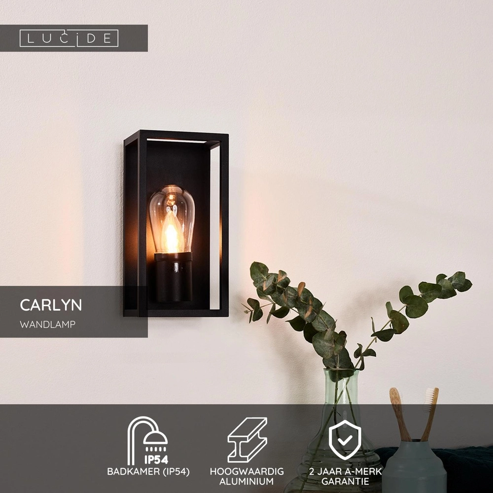 Schwarze Wandlampe Carlyn Einzelbadezimmer IP54 Lucide 5411212271723