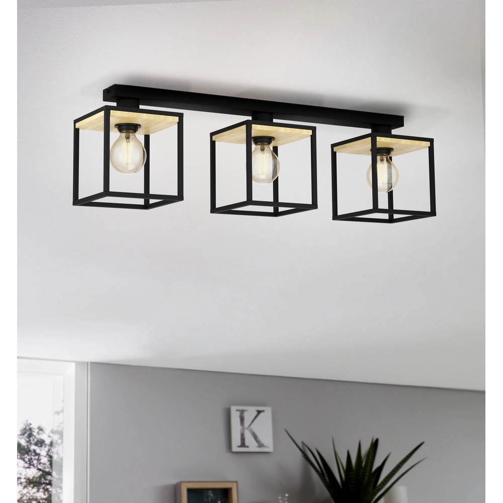 3-Licht Deckenlampe Libertad Schwarz mit Holz Eglo 9002759998561