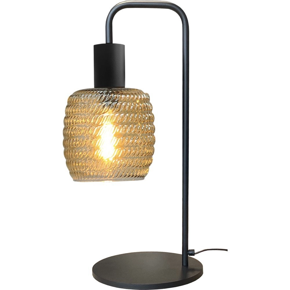 Schwarze Tischlampe Bounty mit geripptem Glas