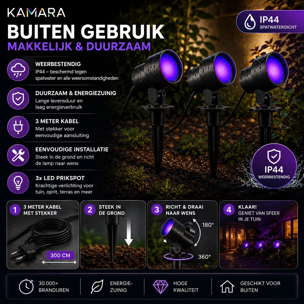 Intelligentes Spike-Scheinwerferset Kamara RGB – 3 Stück – mit 3 Meter Kabel und Stecker Brilliant 4004353453717