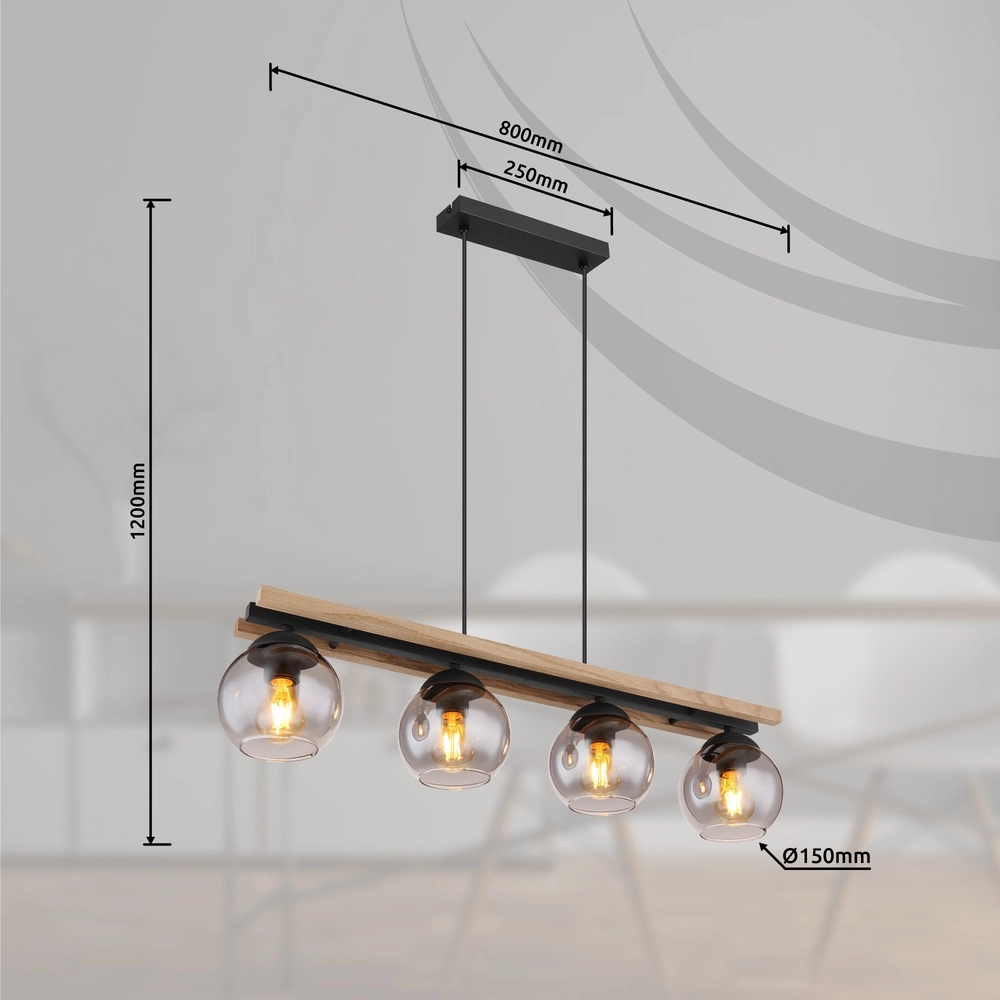 4-Licht Pendellampe Conni Schwarz mit Holz Globo 9007371451739