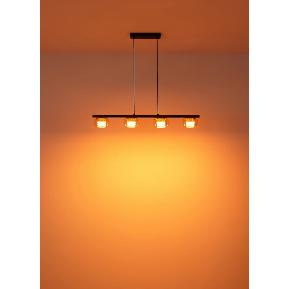 Design-Pendellampe Higgins 4-Licht Schwarz mit bernsteinfarbenem Glas Globo 9007371522828