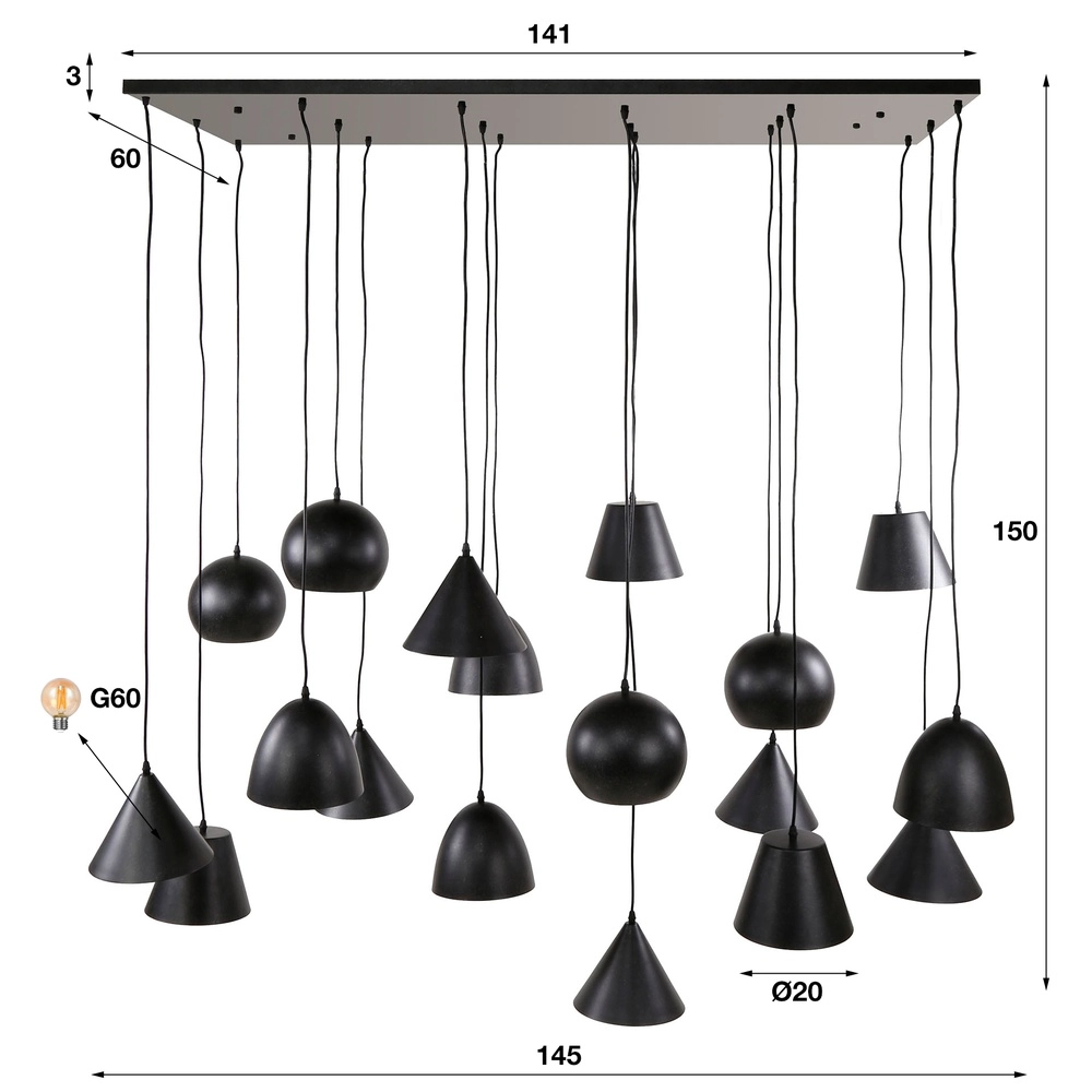 XXL-Pendellampe Metal 18-Licht - Schwarz Lyora 8716803512313