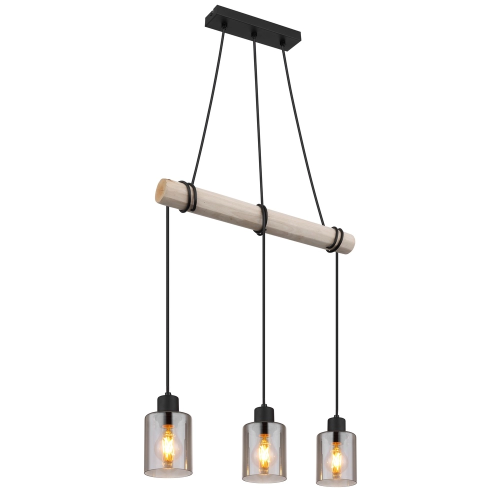 3-Licht Pendellampe Hadera Schwarz mit Rauchglas