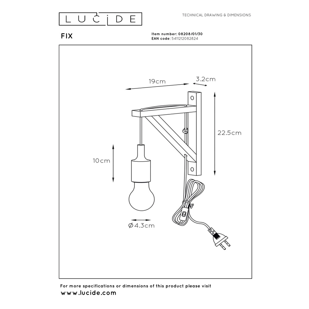 Holzwandlampe Fix mit schwarzer Schnur Lucide 5411212082824