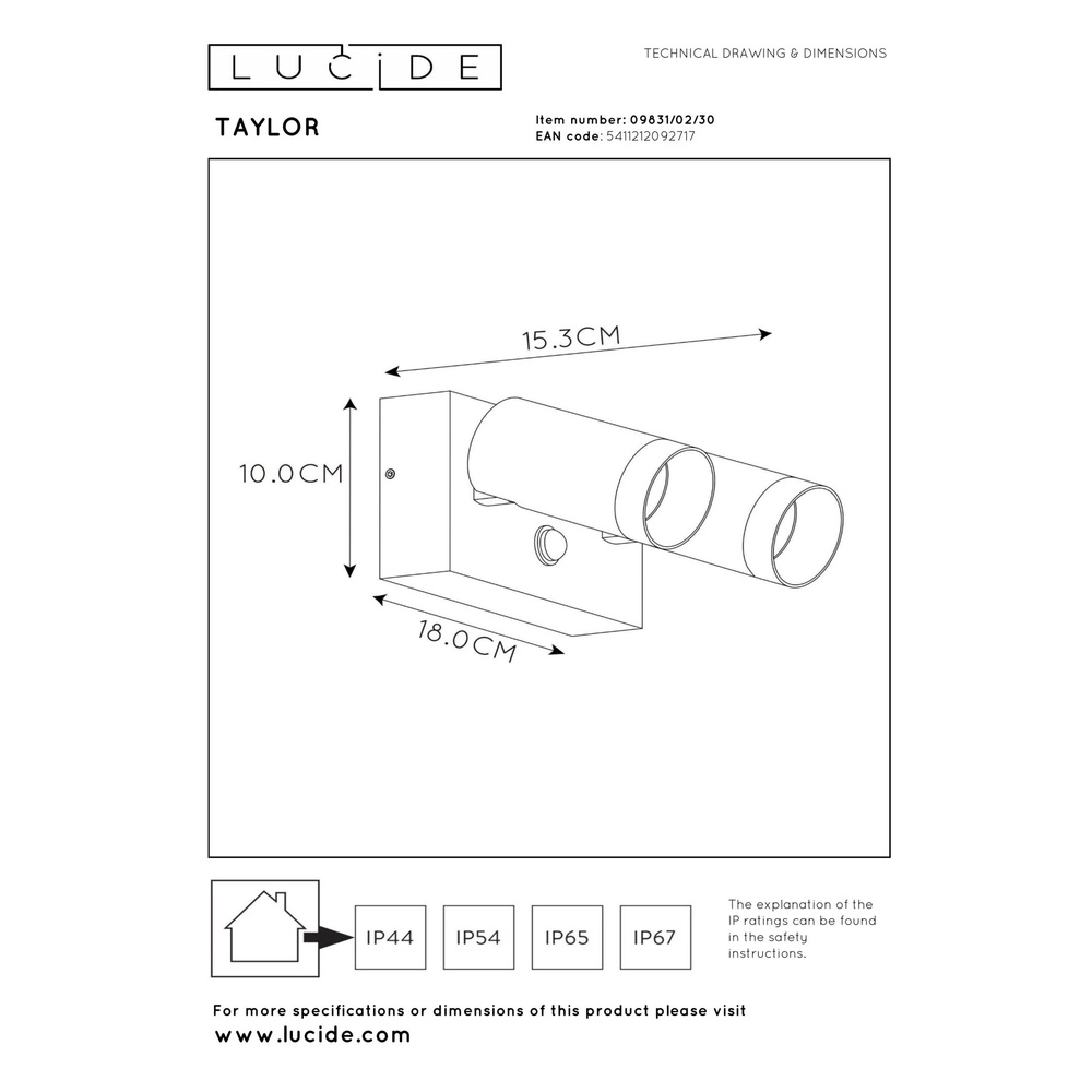 Wandscheinwerfer Taylor IP54-Doppel mit Sensor-Schwarz Lucide 5411212092717
