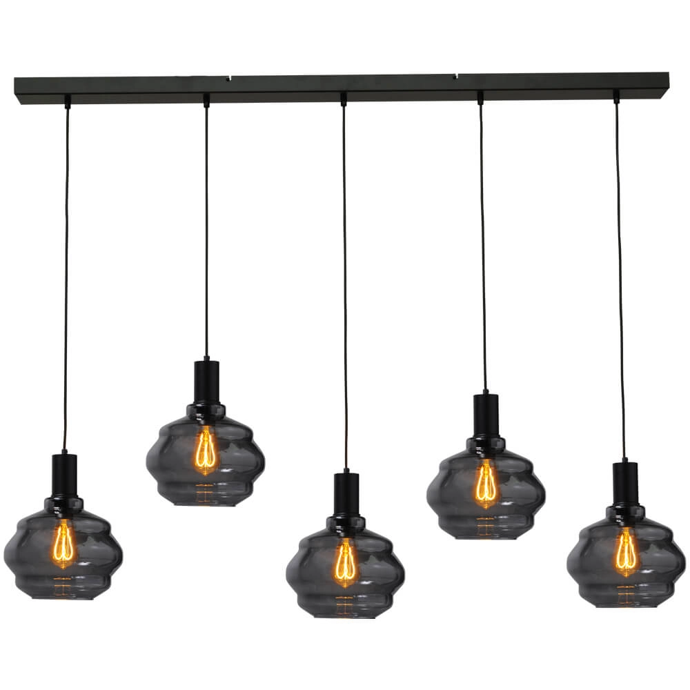5-flammige Hängelampe - schwarz - Porto mit Kugelrauchgläsern - Ø 24cm