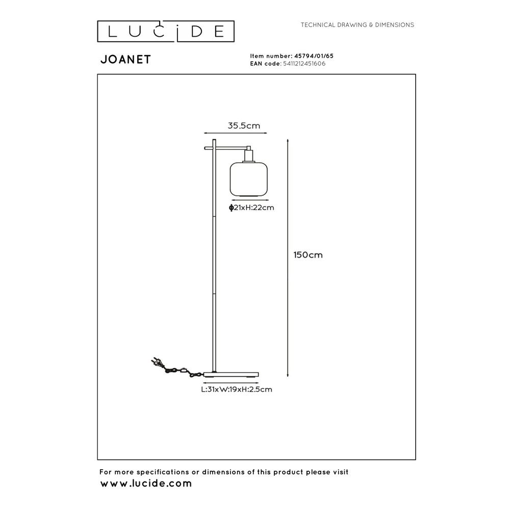 Stehlampe Joanet Schwarz mit Rauchglas Lucide 5411212451606