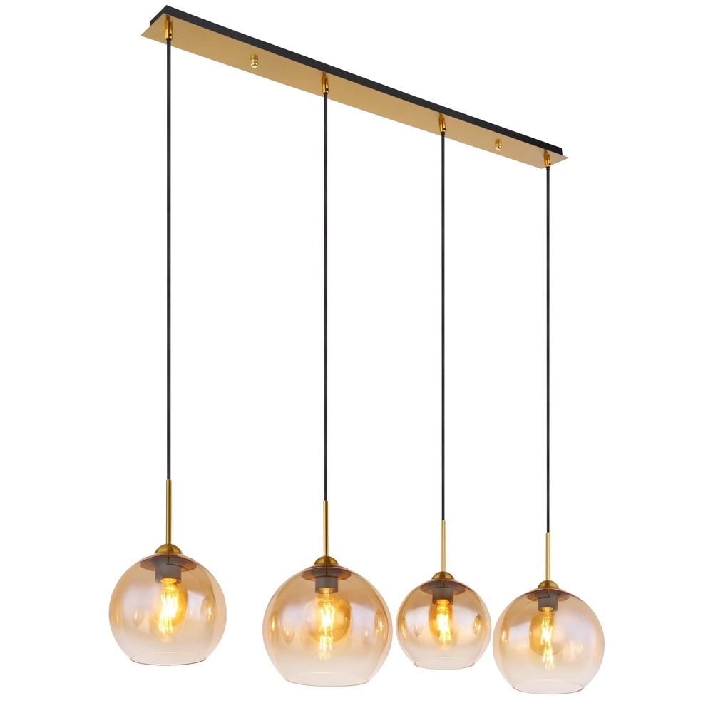 Goldene Pendellampe Jamessa 4-Licht mit bernsteinfarbenem Glas