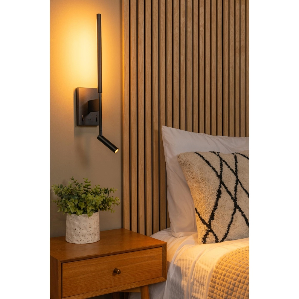 Design-Wandlampe Finan mit Leselampe und USB-Ladepunkt schwarz Lucide 5411212680020