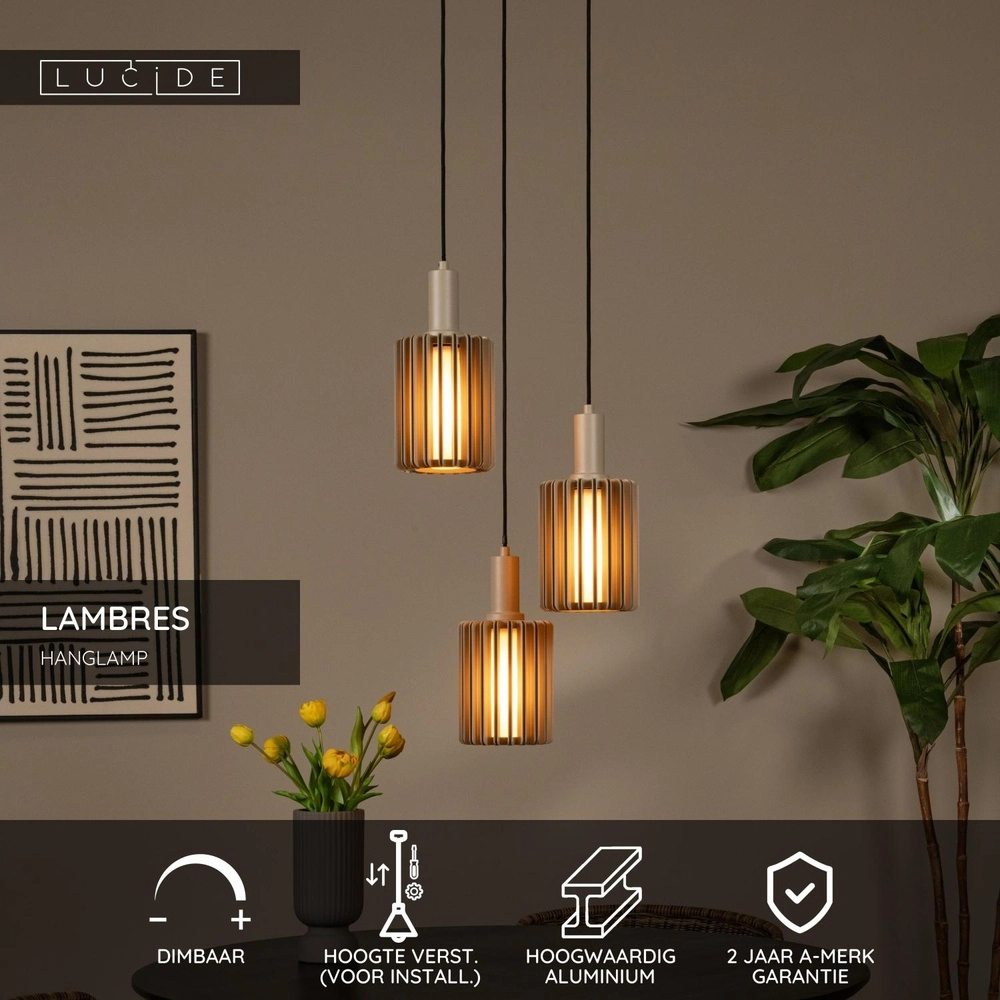 3-Licht Pendellampe Lambres taupe Lucide 5411212452917