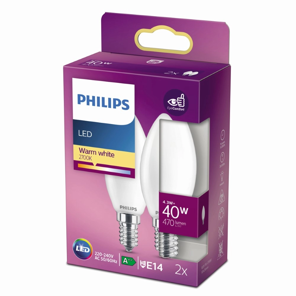 Lichtquelle Kerze 4,3W - E14 - 2700K - 470 lumen 2er-Set Philips 8718699777692