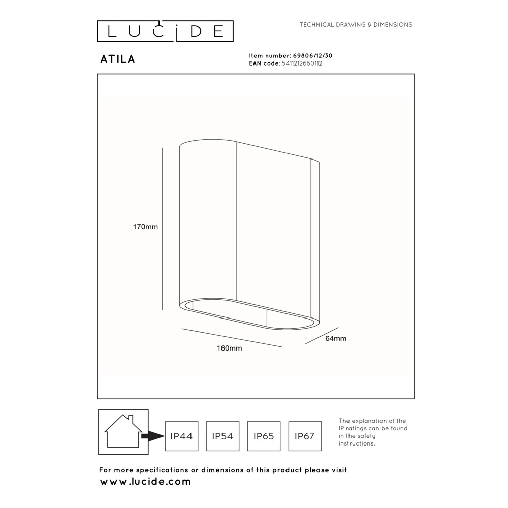 Design-Wandlampe Atila Up and Down schwarzes IP54 Lucide 5411212680112