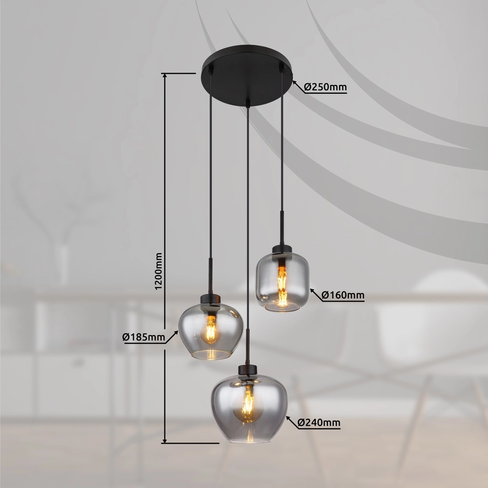 Design-Pendellampe Matt 3-Licht Schwarz mit Rauchglas Globo 9007371448258