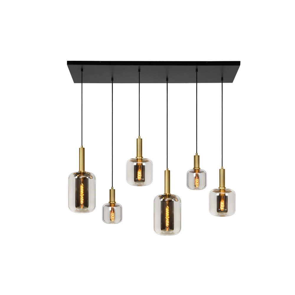 6-Licht Pendellampe Joanet Glattes Gold mit Rauchglas