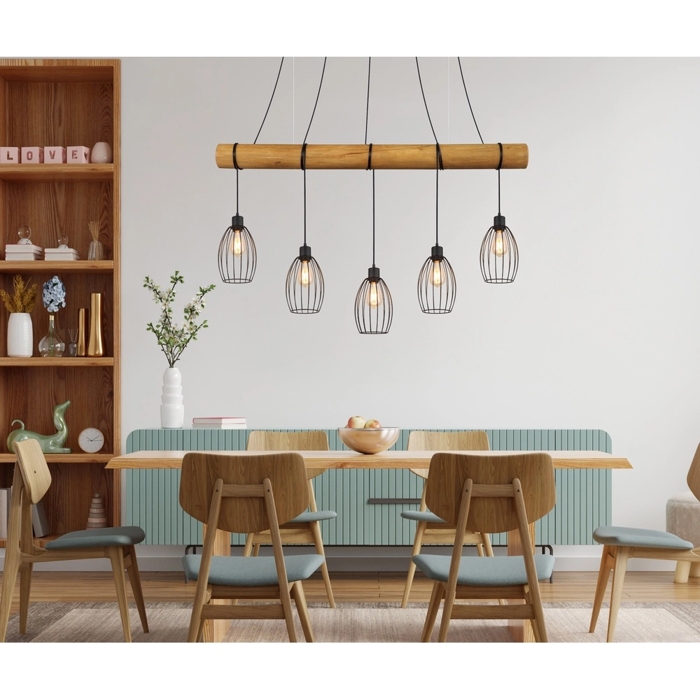 Land-Pendellampe Berti 5-Licht Holz mit Schwarz Globo 9007371586325