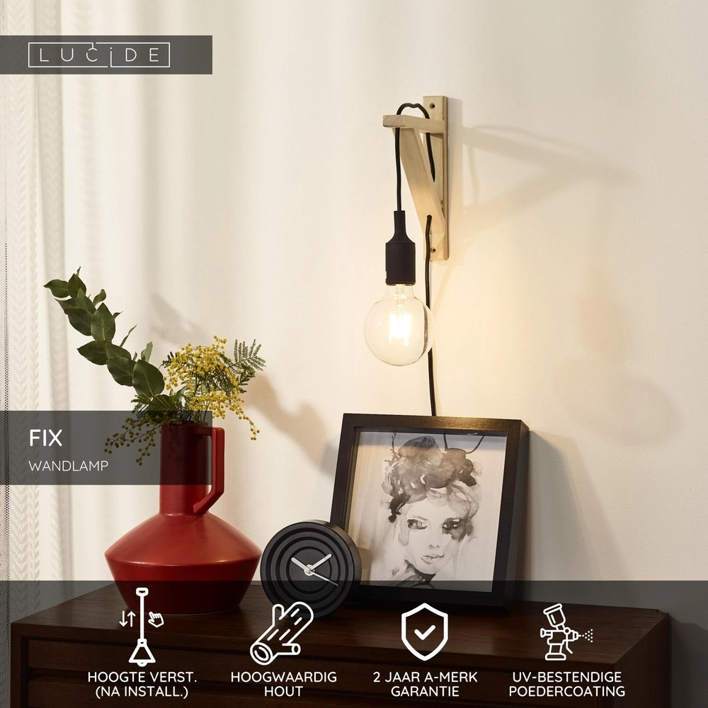 Holzwandlampe Fix mit schwarzer Schnur Lucide 5411212082824