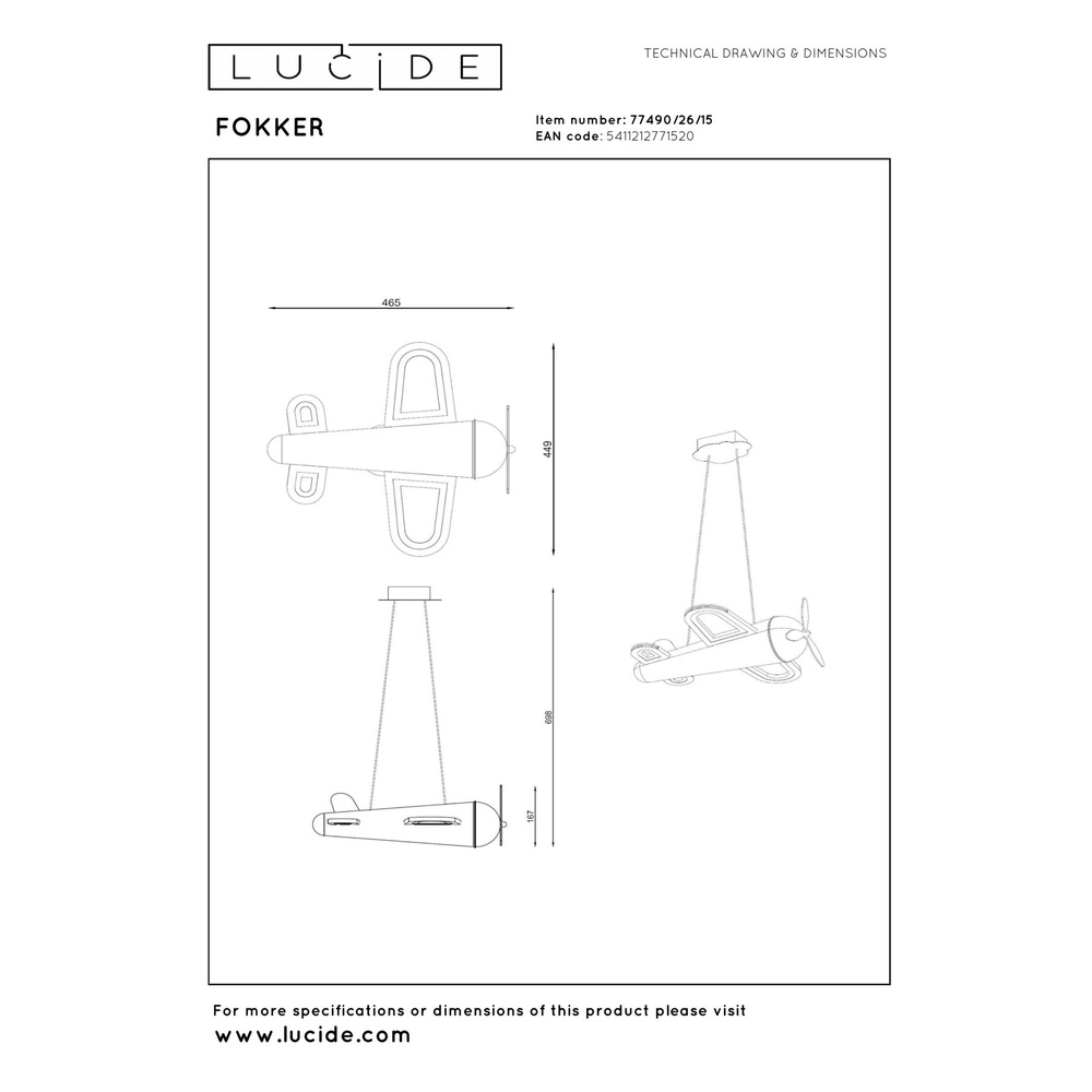 Pendellampe im Kinderzimmer Fokker Flugzeug metallisch grau Lucide 5411212771520