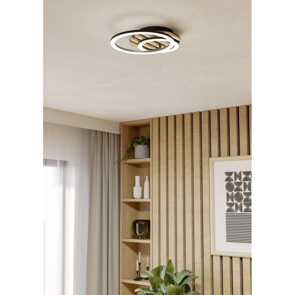 Moderne Deckenlampe Cembrano Schwarz mit rundem Holz Eglo 9008606388158