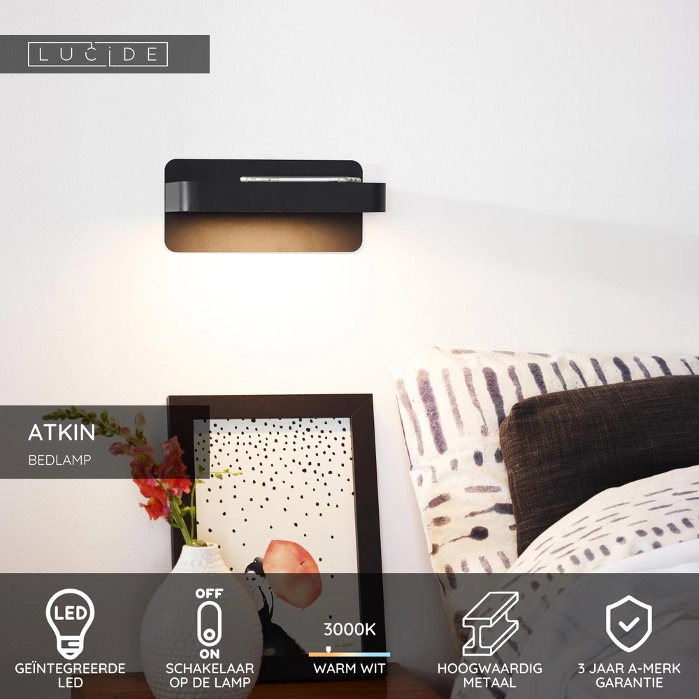 Nachttischlampe Atkin mit USB-Ladepunkt schwarz Lucide 5411212770820