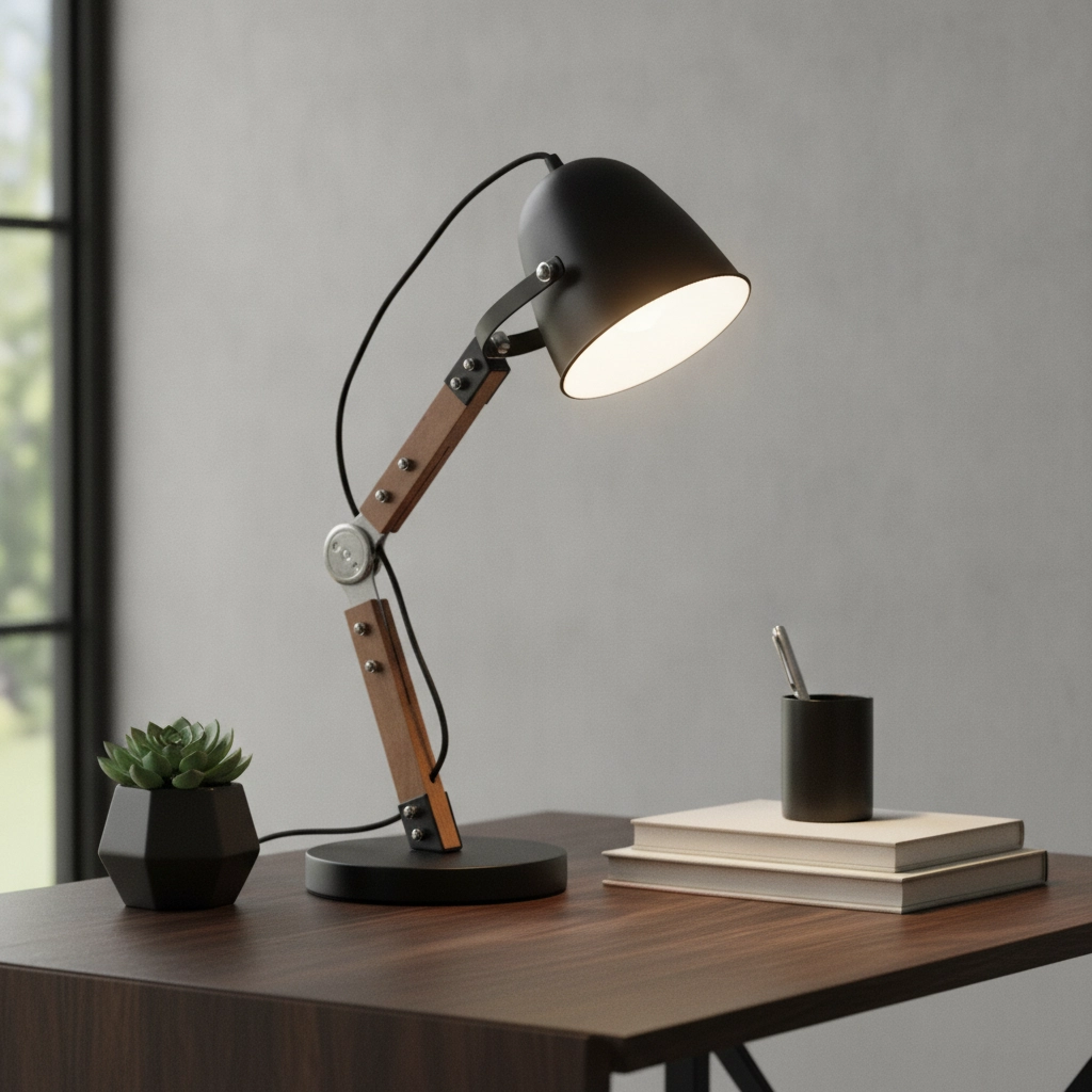 Ländliche Schreibtischlampe Cooper schwarz mit Holz