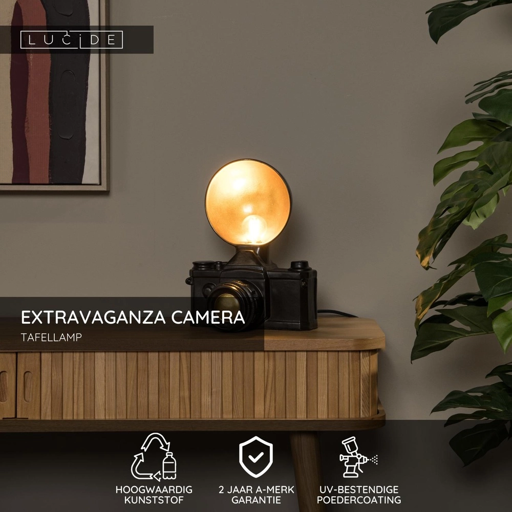 Nostalgische Tischlampe Extravaganza Camera Schwarz mit Gold Lucide 5411212345769