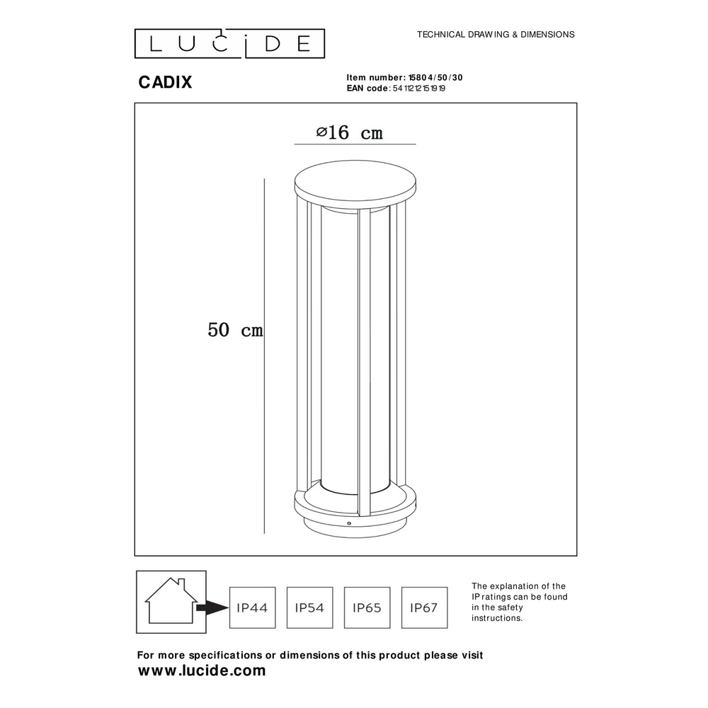 Sockellampe 50cm Cadix schwarzes IP65 Lucide 5411212151919