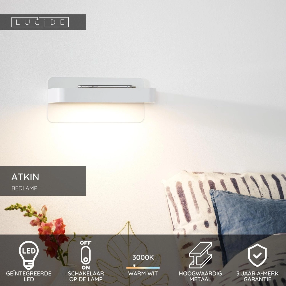 Nachttischlampe Atkin mit USB-Ladepunkt weiß Lucide 5411212770837