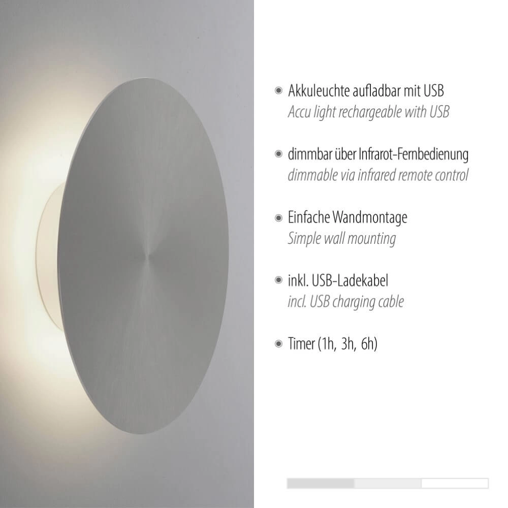 Design-Wandleuchte Akku Puntua Ø 25cm grau Paul Neuhaus 4012248372517