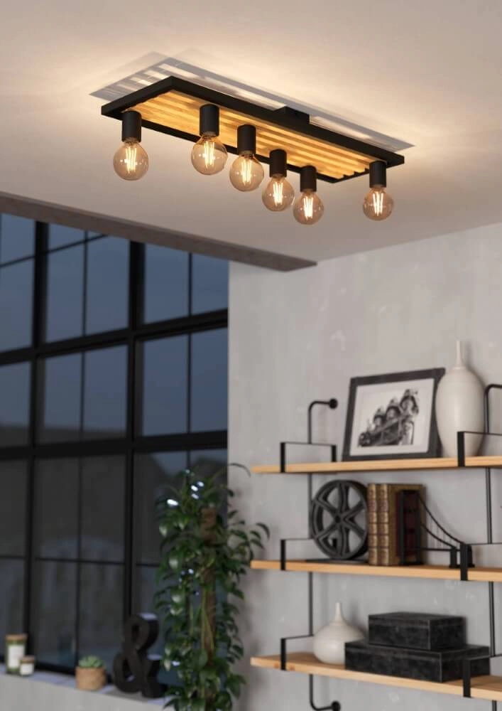 Deckenleuchte mit 6 Leuchten Consett schwarz mit Holz Eglo 9002759437244
