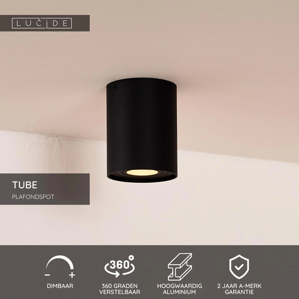 Oberflächenmontierter Deckenspot Tube schwarz Ø 9,6 cm Lucide 5411212221278