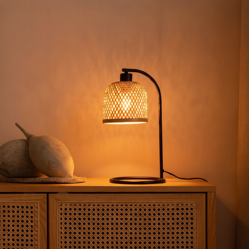 Tischlampe Intra schwarz mit Bambuskappe