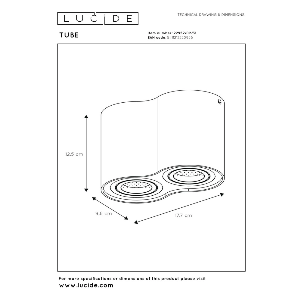 Oberflächenmontierter Deckenspot Tube 2-Licht weiß Lucide 5411212220936
