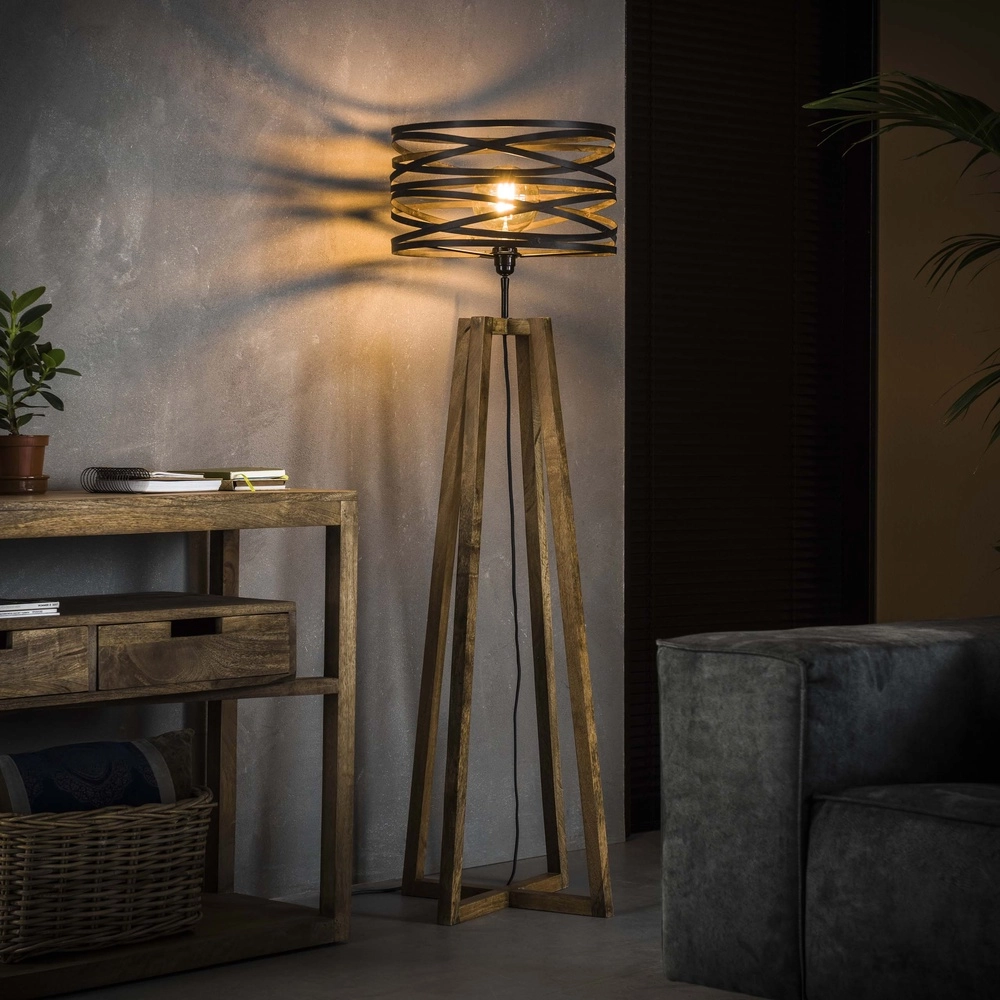 Industrie-Stehlampe Twist Ø 41cm – Holz mit Grau