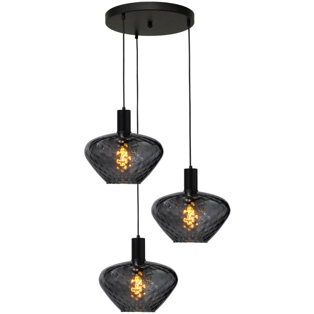 3-flammige Loft-Hängelampe - Schwarz - Porto mit Blossom-Rauchgläsern