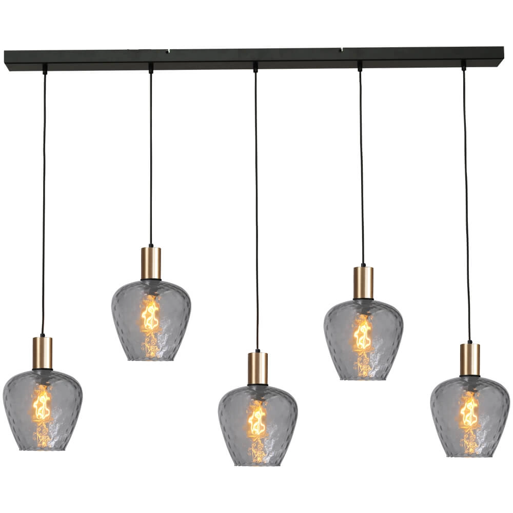 5-flammige Hängelampe - Gold - Porto mit Diamond-Rauchgläsern
