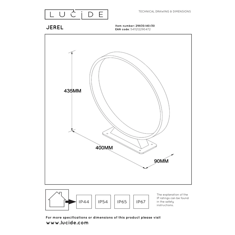 Runde Gartenlampe Jerel schwarze IP54 Ø 40cm Lucide 5411212290472