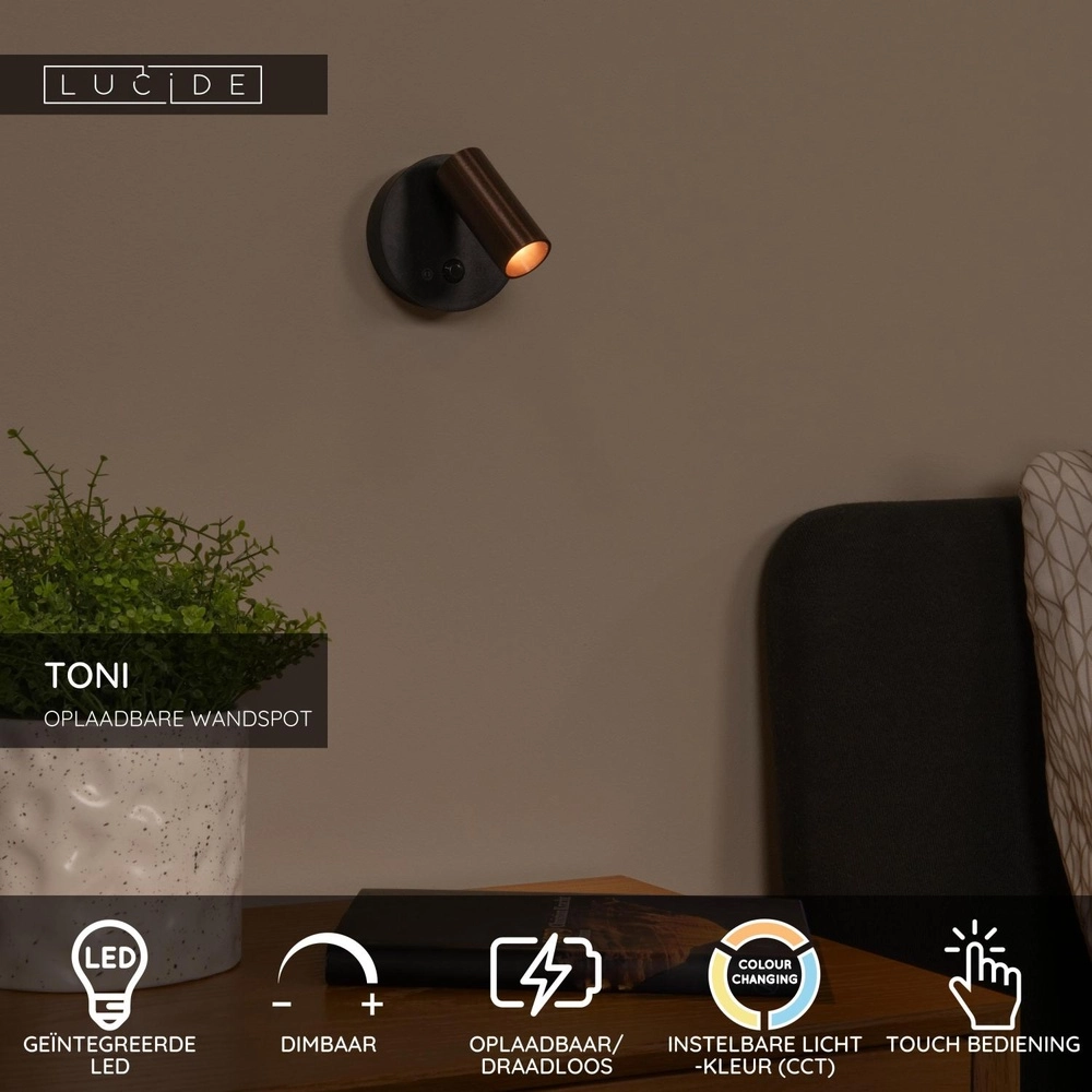 Wiederaufladbare Wandlampe mit Sensor Toni magnetisch metallisch-grau Lucide 5411212290564