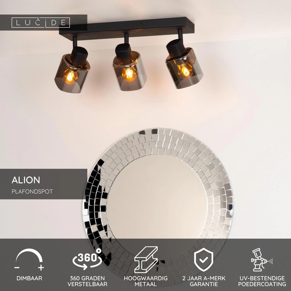 Deckenlampe Alion 3-Licht Schwarz mit Rauchglas Lucide 5411212177001