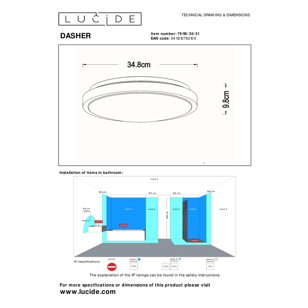 Weißes Deckenlicht Dasher Ø 34,8 cm IP44 für Badezimmer Lucide 5411212792105