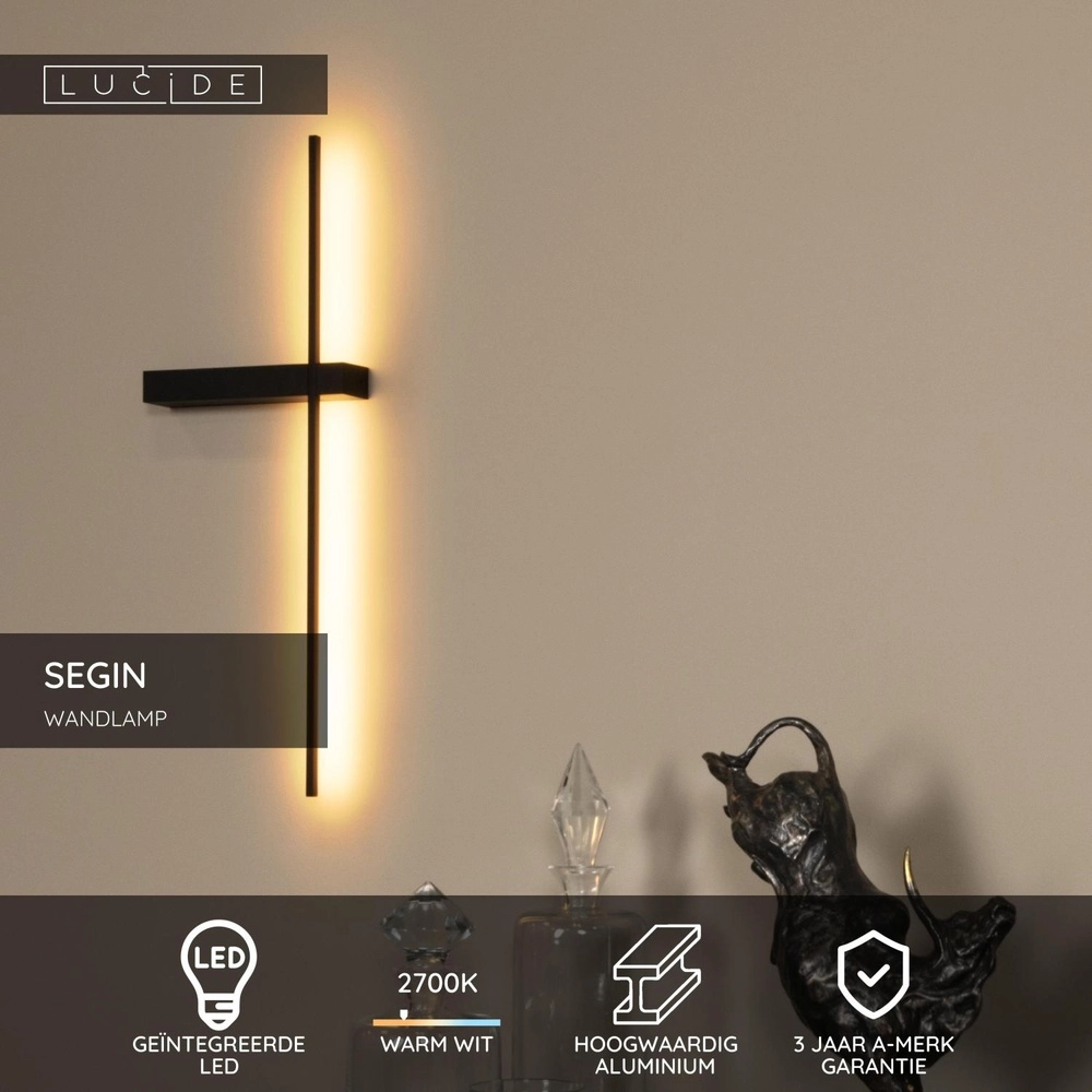 Elegante Wandlampe Segin Schwarz 60cm Lucide 5411212126900