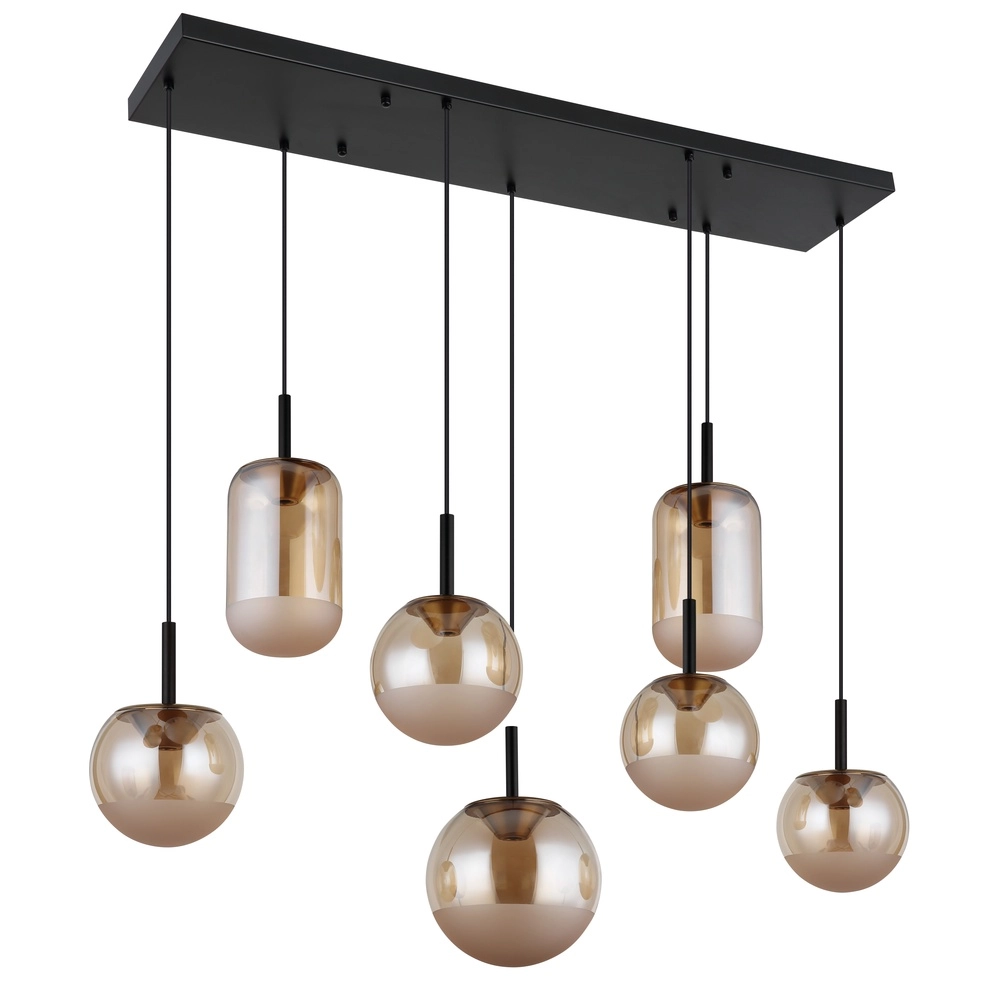 Design-Pendellampe Severin 7-Licht Schwarz mit bernsteinfarbenem Glas Globo 9007371540945