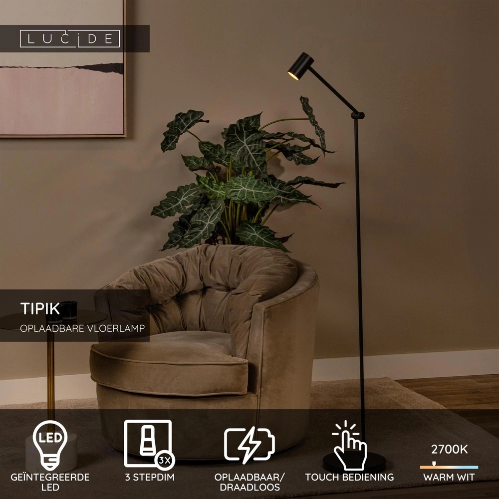 Wiederaufladbare Stehlampe Tipik Schwarz Lucide 5411212361349