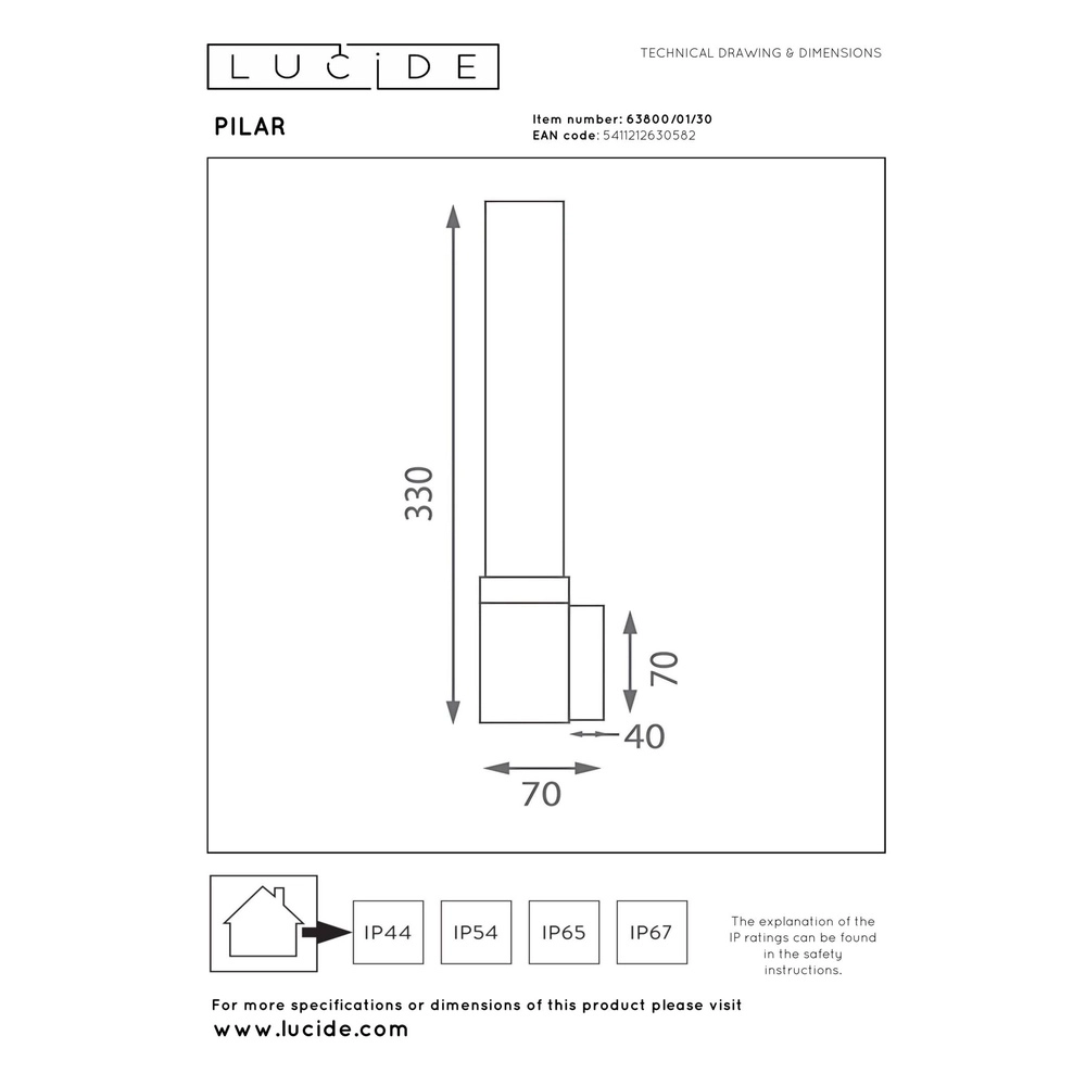 Design-Wandlampe Pilar Single Black Lucide 5411212630582